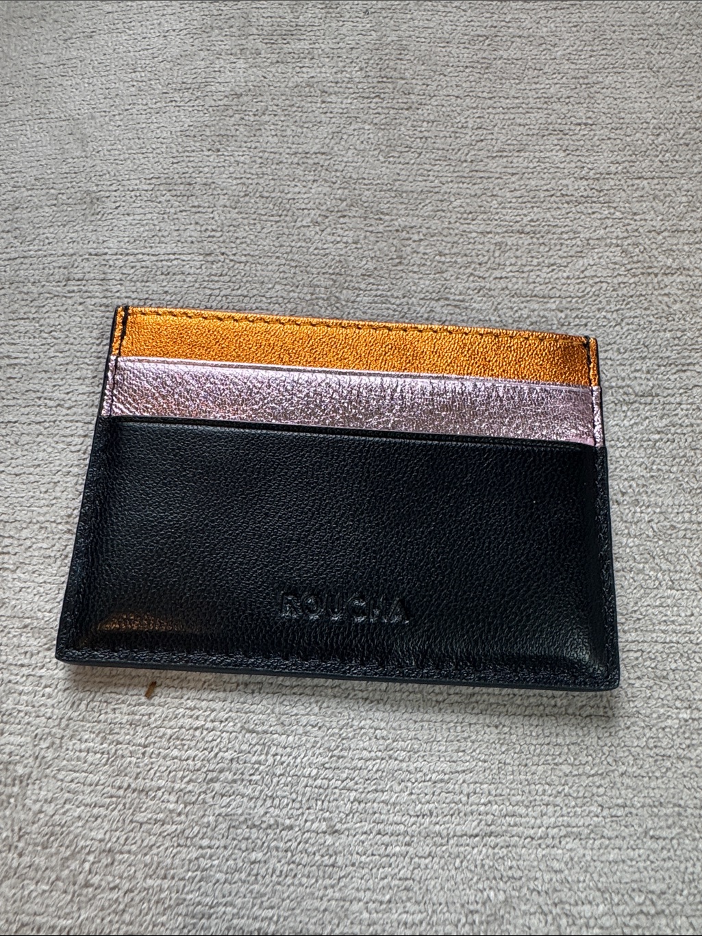 Black Leather Card Holder With Metallic Gold And Rose Accents